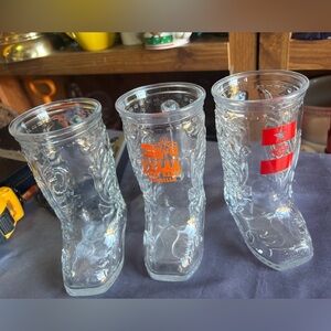 3 Vintage Clear Glass Embossed Western Cowboy Boot Mugs w/ Handle 6" Tall